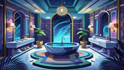 Ultra-detailed photorealistic of an opulent nighttime bathroom retreat, built with dark grey marble, reflective surfaces, soft ambient glows, and a dramatic spa-like mood