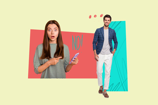 Collage showing texting reaction with denial symbolizing online communication and social media issues