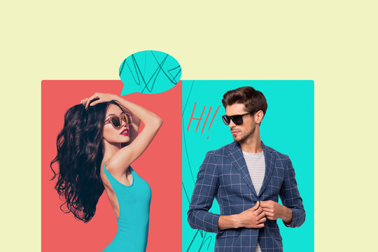 Collage showing man and woman engaged in social media chat representing dating app conversation digital connection