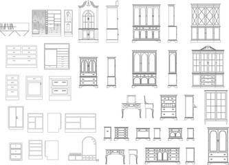 Vector elevation set of ornate storage furniture: cabinets, dressers, armoires, and vanity tables for classical interiors.