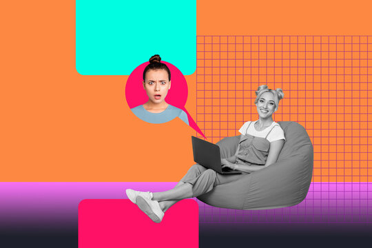 Art sketch 3d image banner collage of happy business partners development bubble remote communication boss chatterbox speech