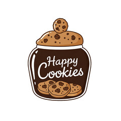 Jar of cookies labeled Happy Cookies with chocolate chip treats.