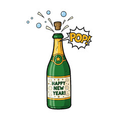 Champagne bottle popping with bubbles celebrating New Year.