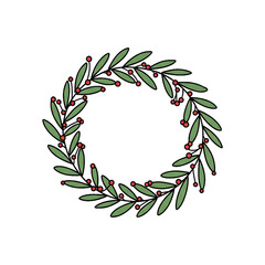 Wreath made of green and red foliage in a circular shape.