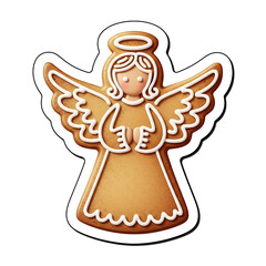 Angel cookie decorated with icing and golden tones.