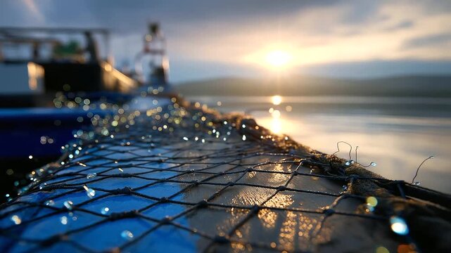 Fishing boat deck at sunrise, nets in crisp detail and faceless silhouettes in soft bokeh behind, unity and early-morning calm, with copy space