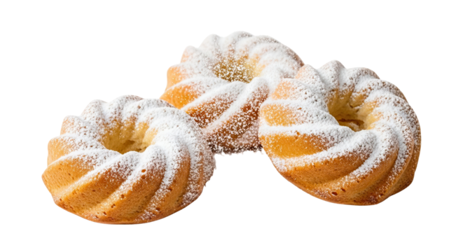 Three delicious homemade mini bundt cakes generously dusted with powdered sugar, isolated on a clean black background for a classic bakery or dessert concept
