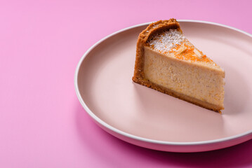 Cheesecake, a slice of sweet pie, a classic cheese dessert. Cheesecake as a food background