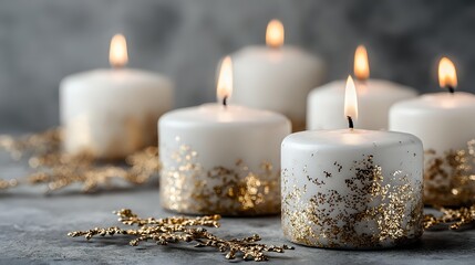 White candles with gold glitter decoration burning on dark stone background, creating warm festive atmosphere for holiday celebrations.