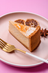 Cheesecake, a slice of sweet pie, a classic cheese dessert. Cheesecake as a food background