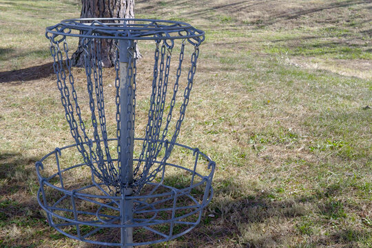 A metal Disc Golf basket (hole) with chains, set on a grassy course with trees and a pine trunk nearby on a sunny day.