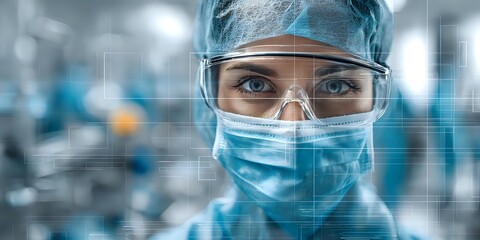 Female healthcare professional in protective gear with face mask, cap, and safety goggles in medical laboratory environment.