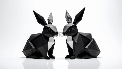 Two black origami rabbits with white accents—facing each other in geometric folds