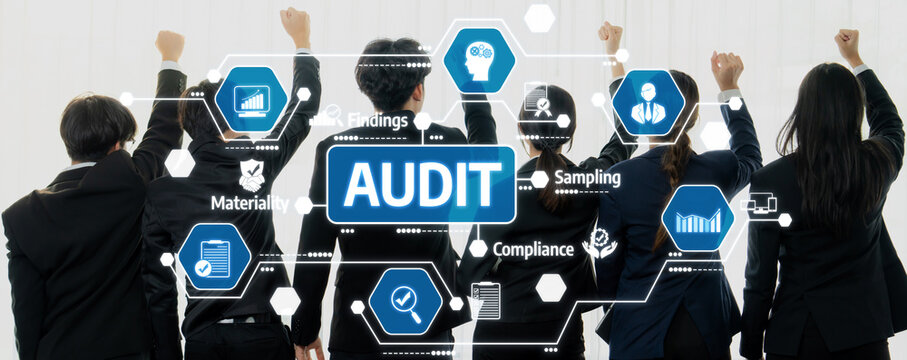 A group of professionals raise their fists in celebration, surrounded by infographic elements representing key audit aspects like findings, compliance, and sampling in a business setting. Amity
