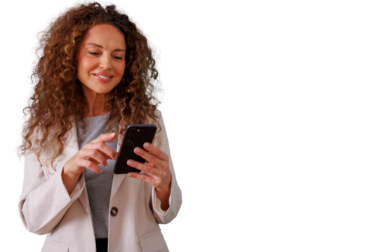 Woman smiling and using smartphone, browsing online content or sending message on transparent background