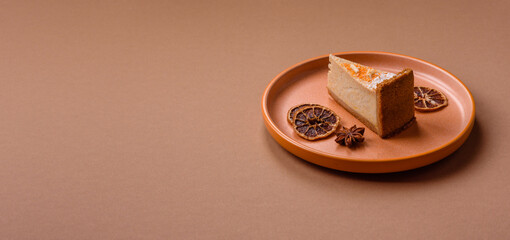 Cheesecake, a slice of sweet pie, a classic cheese dessert. Cheesecake as a food background