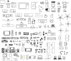 Extensive top-view vector set of electronic devices, computers, TVs, and appliances for architectural and interior floor plans.