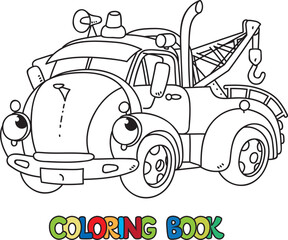 Funny retro tow truck with eyes. Coloring book