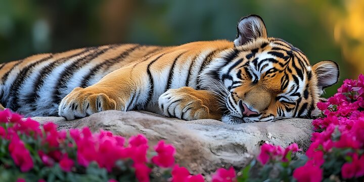 Majestic tiger resting on rock surrounded by vibrant pink flowers in natural habitat, showcasing wildlife conservation and animal beauty in serene environment.