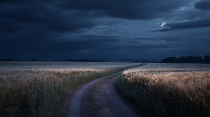 Paved road running through a wheat field at night under a stormy sky.
