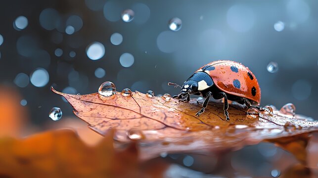 Ladybug on autumn leaf with water droplets in soft blue bokeh background, showcasing nature's delicate balance in macro photography.