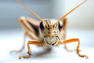 Extreme close-up portrait of grasshopper with prominent antennae and compound eyes against blurred background, showcasing intricate facial details and front legs.