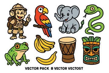 A vibrant collection of hand-drawn jungle-themed illustrations including animals, fruit, and cultural artifacts for a playful design.