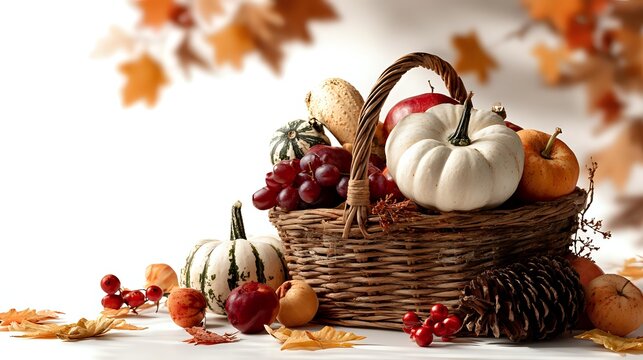 Autumn harvest basket with white and orange pumpkins, gourds, grapes, and pine cones surrounded by fallen maple leaves on white background. Perfect for seasonal marketing. - Powered by Adobe