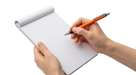 A person's hands hold a blank white notepad and an orange pen, ready to write, take notes, or brainstorm ideas, isolated on a clean black background for concept use