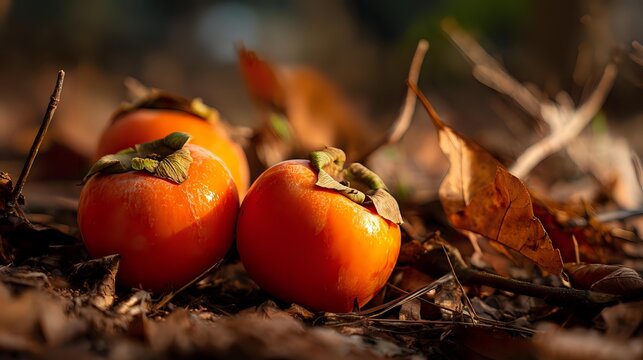 Fresh persimmons with green calyxes resting on autumn forest floor surrounded by fallen leaves and twigs in warm sunlight.