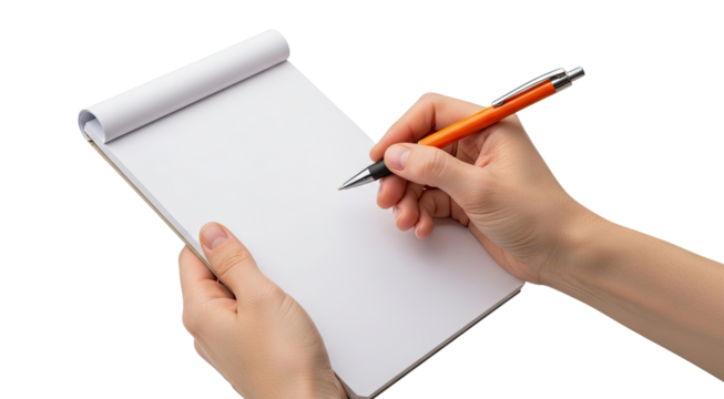 A person's hands hold a blank white notepad and an orange pen, ready to write, take notes, or brainstorm ideas, isolated on a clean black background for concept use