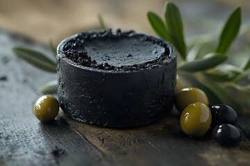 Black activated charcoal soap bar with green and black olives and olive branch on rustic wooden surface for natural skincare routine.