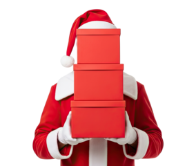A festive figure in a classic red Santa Claus suit and white gloves holds a tall stack of three vibrant red gift boxes, completely obscuring their face, presented against a stark black background