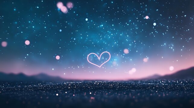Dreamy night sky with glowing heart shape against starry blue background and pink horizon, creating romantic atmosphere for Valentine's designs.