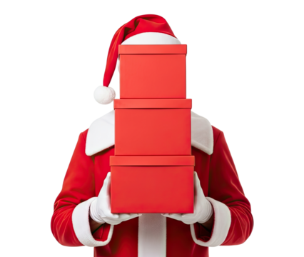 A festive figure in a classic red Santa Claus suit and white gloves holds a tall stack of three vibrant red gift boxes, completely obscuring their face, presented against a stark black background