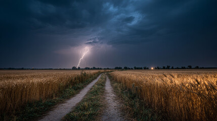 Paved road running through a wheat field at night under a stormy sky.

