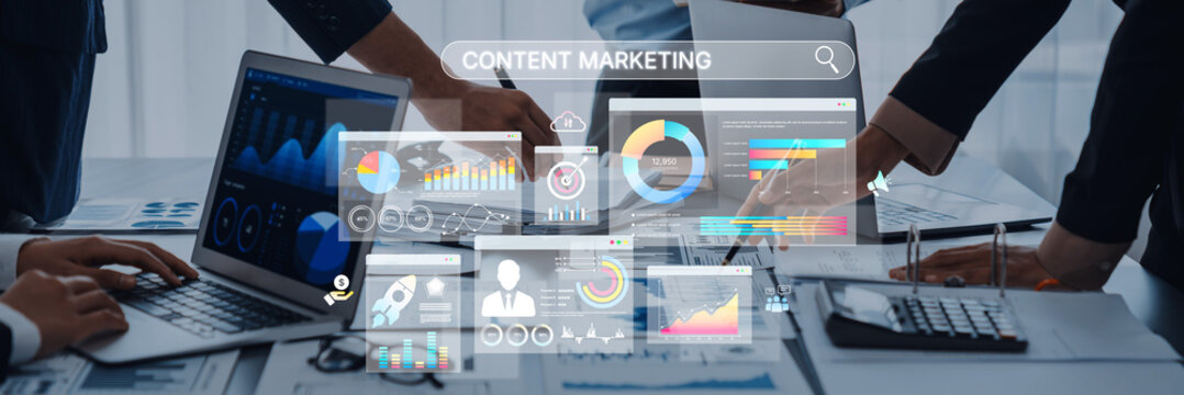 A dynamic business meeting focused on content marketing with team collaboration, data visualization, and strategy planning in a modern office environment. Trope - Powered by Adobe