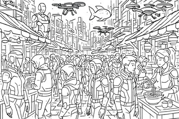 Obraz premium Cyberpunk Marketplace Scene. Crowded cyberpunk marketplace with holograms, food stalls, drones flying above, and people in