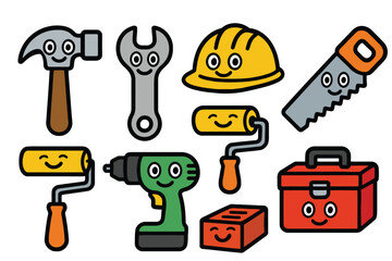 A delightful collection of cartoon tools, including a hammer, wrench, saw, drill, paint rollers, toolbox, hard hat, and brick, all with cheerful faces.