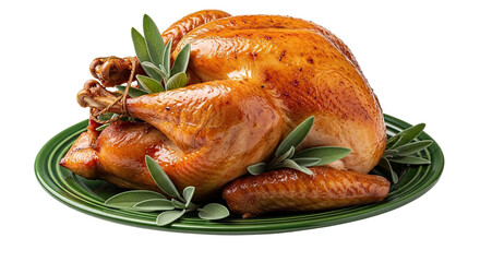 A perfectly roasted whole turkey with glistening golden-brown skin, garnished with fresh sage leaves, served on a vibrant green platter against a dark background