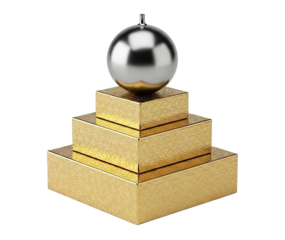 A gleaming silver sphere rests atop a three-tiered golden pyramid structure, featuring intricate geometric patterns