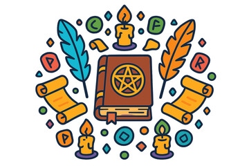 Mystical Mandala Illustration. Ancient spellbook in the center with quills, scrolls, candles, and runes forming a balanced mandala