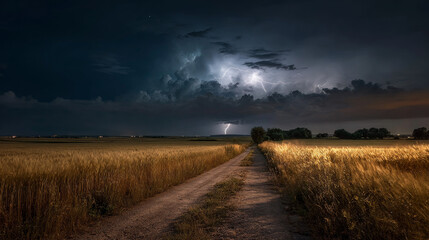Paved road running through a wheat field at night under a stormy sky.
