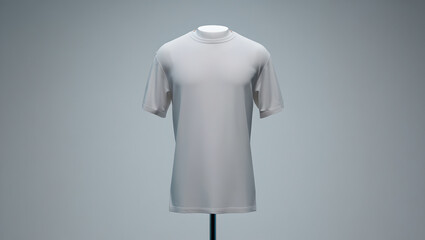 Full view of a white mock neck/high collar t-shirt on a mannequin on a stand.