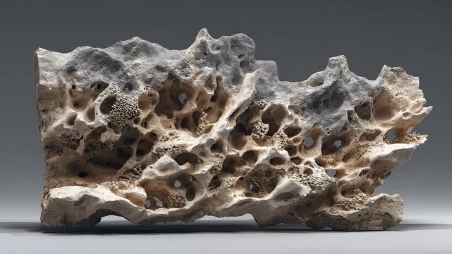Weathered coral limestone with erosion cavities on a gray background