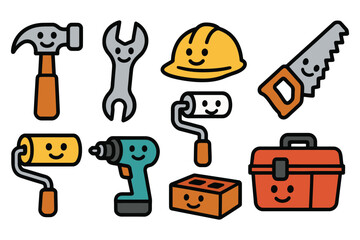 A whimsical assortment of hand-drawn tools and safety equipment, all featuring cheerful, anthropomorphic faces, ready for a fun DIY project.