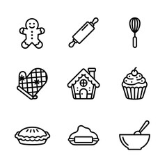 Icon set of baking tools and treats in minimalist line art style