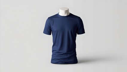 Full view of a navy blue t-shirt on a white mannequin torso against a light gray background.