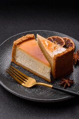 Cheesecake, a slice of sweet pie, a classic cheese dessert. Cheesecake as a food background