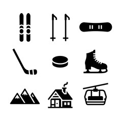 Winter sports icon set in minimalist style featuring black elements
